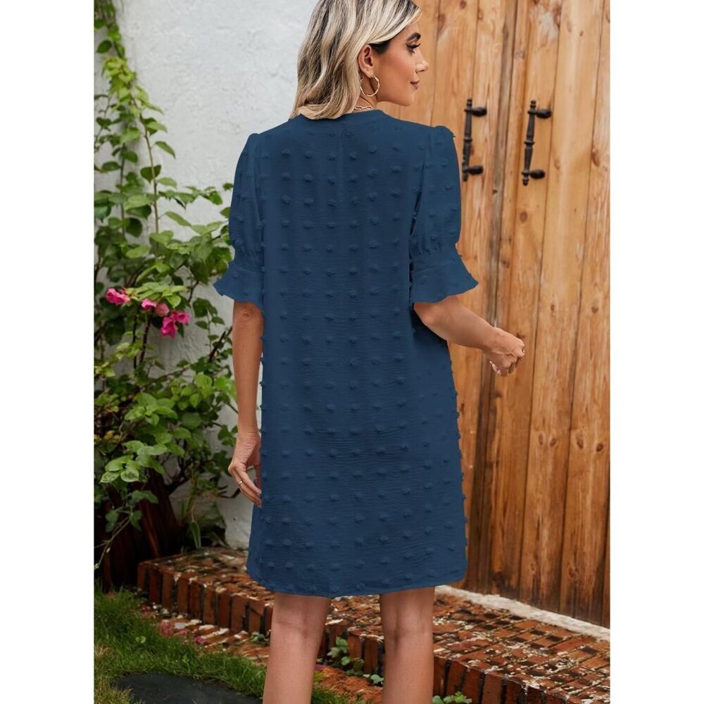 Womens Mblue 100%Polyester V-Neck Loose Fit Short Sleeve Knee Length Shift Dress - Picture 5 of 6